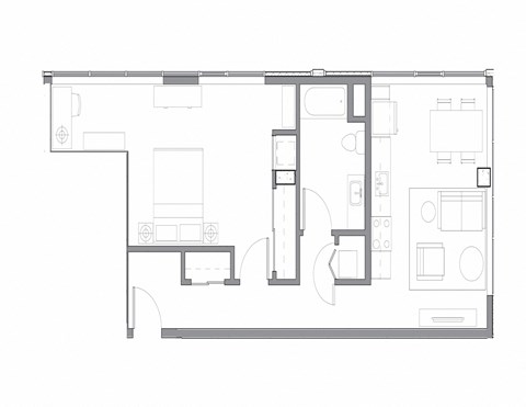 Floor plan for 1 bed, 1 bath, 857 sqft